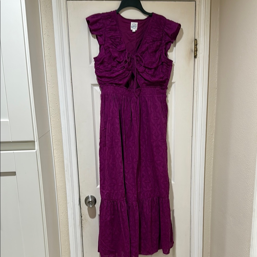 LOFT Pink and Purple Ruched Maxi Dress with Flutter Cap Sleeves